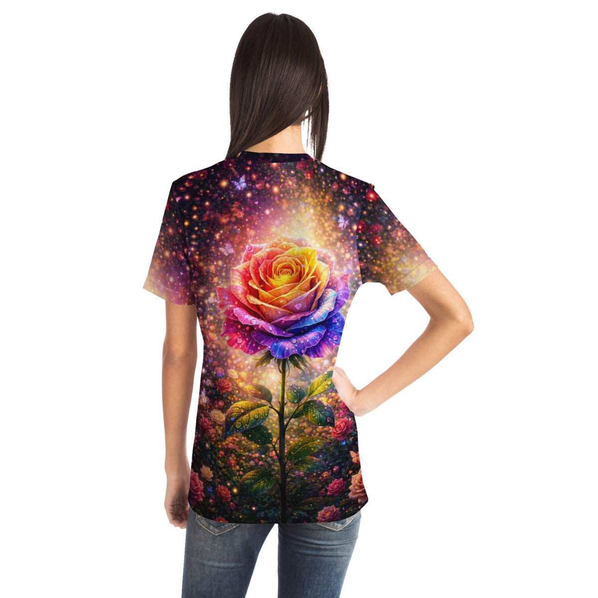 Elythra Dreamer T-Shirt mit buntem, leuchtendem Rosen-Motiv im Stil von Diamond Painting und Malen nach Zahlen