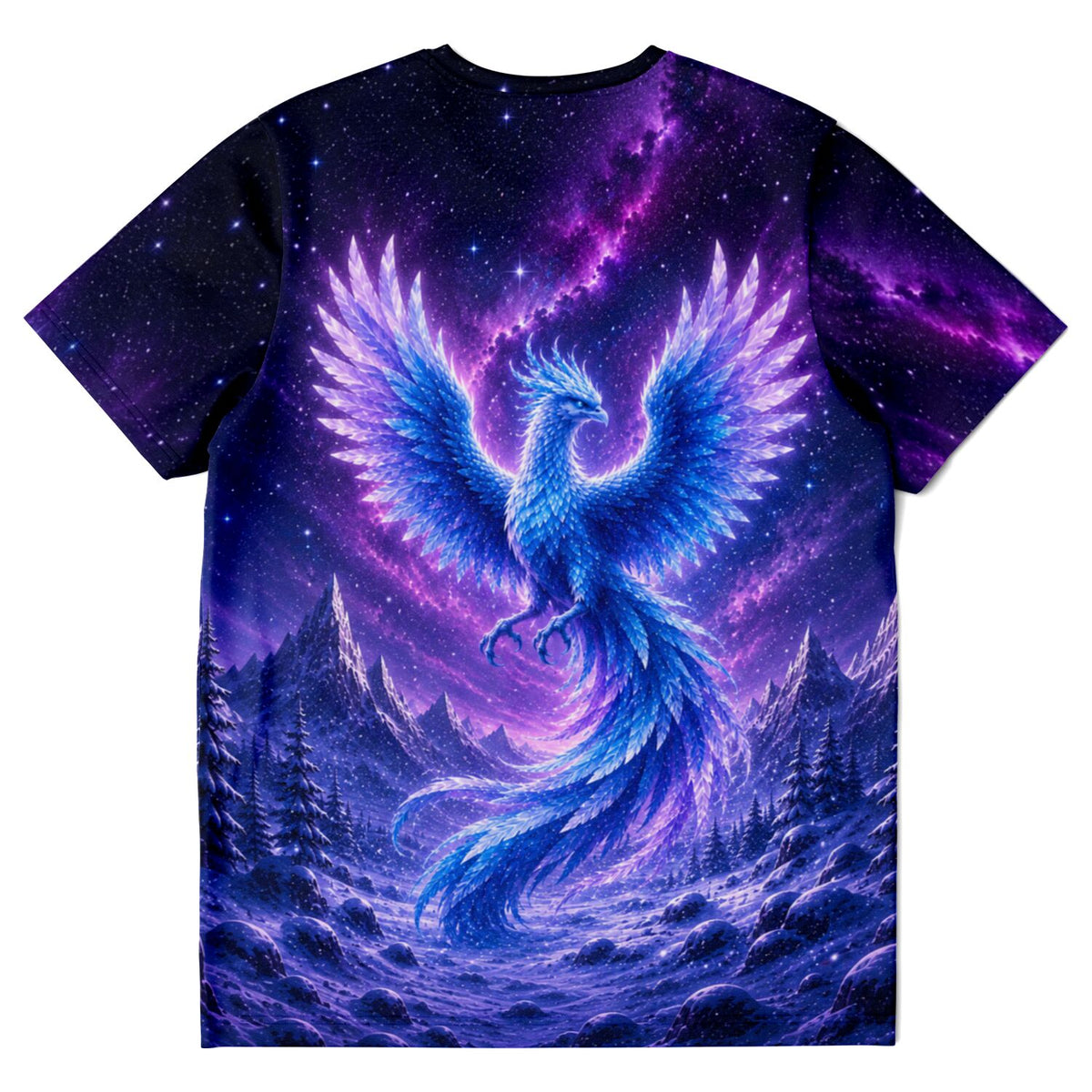T-Shirt mit Winterphönix-Motiv, inspiriert von Diamond Painting Kunst im lila Galaxie-Design mit schneebedeckten Bergen