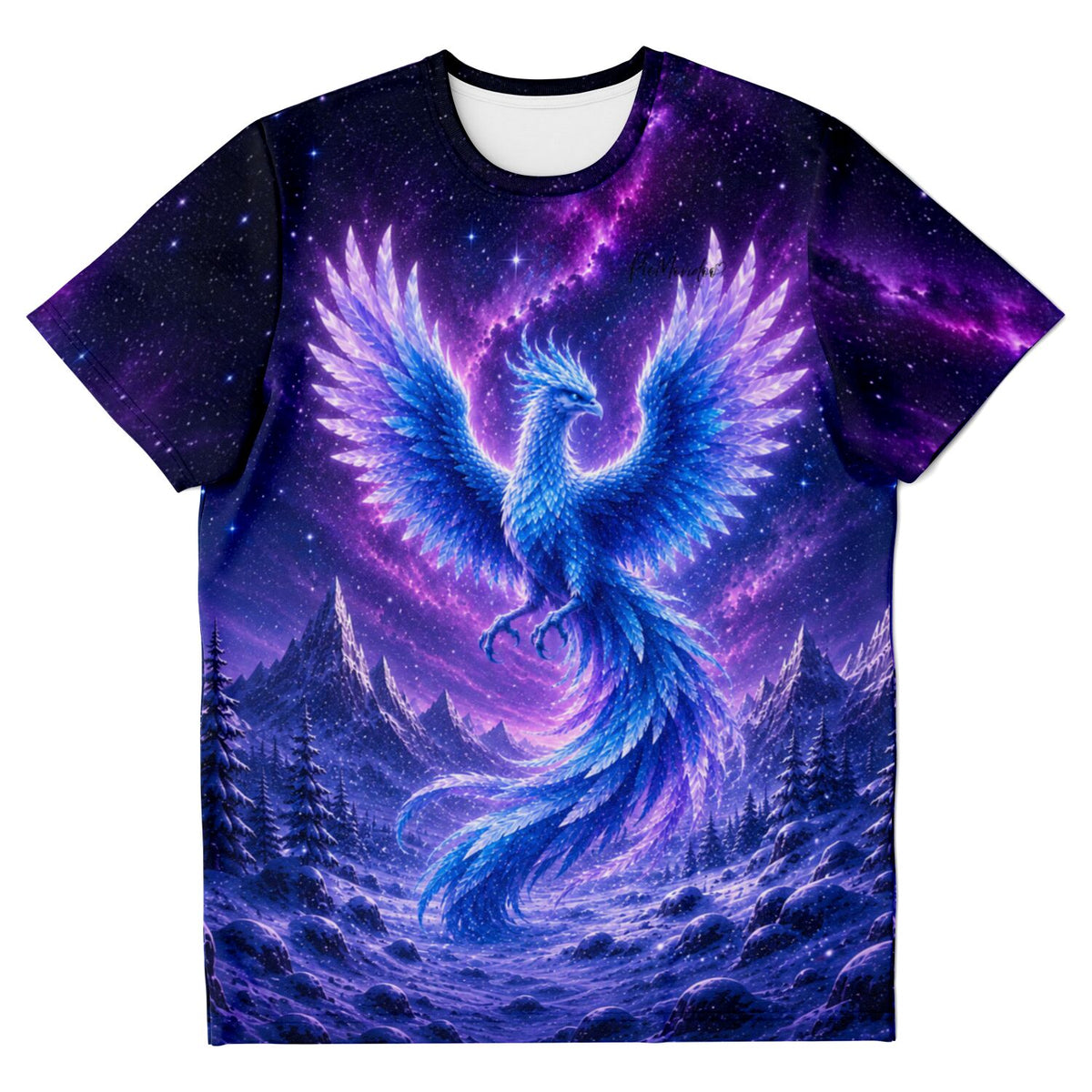 T-Shirt mit Winterphönix Motiv in Blau und Violett, inspiriert von Diamond Painting Kunstwerken für Fans
