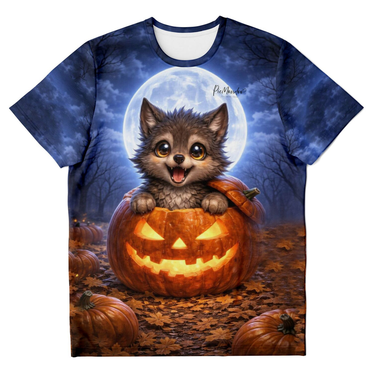 T-Shirt Motiv Wolfwelpe im Kürbis vor Vollmond, ideal für Diamond Painting und Malen nach Zahlen Fans