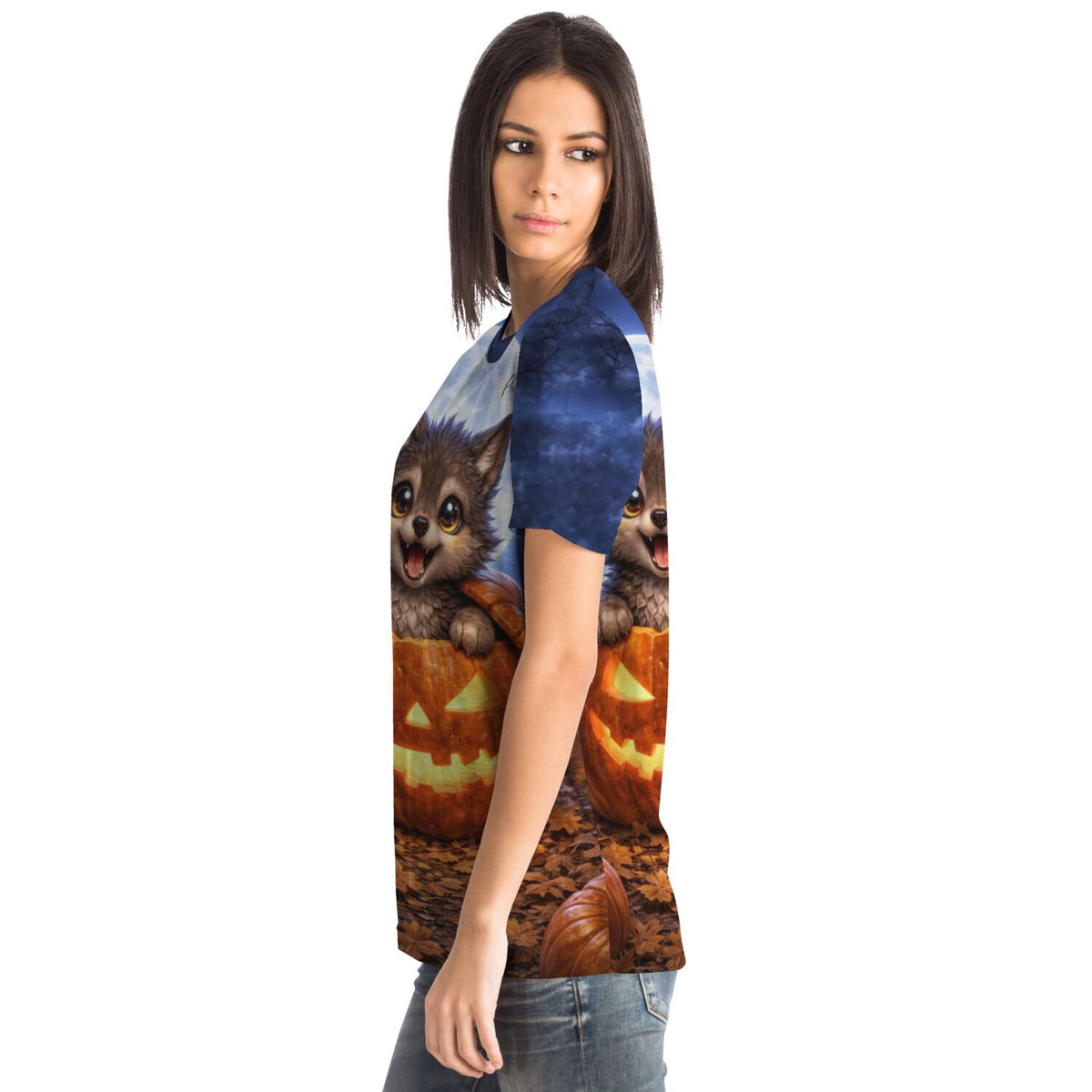 Dreamer T-Shirt mit Mondwolf-Motiv und leuchtendem Kürbis, perfekt für Fans von Diamond Painting und Kreativität.