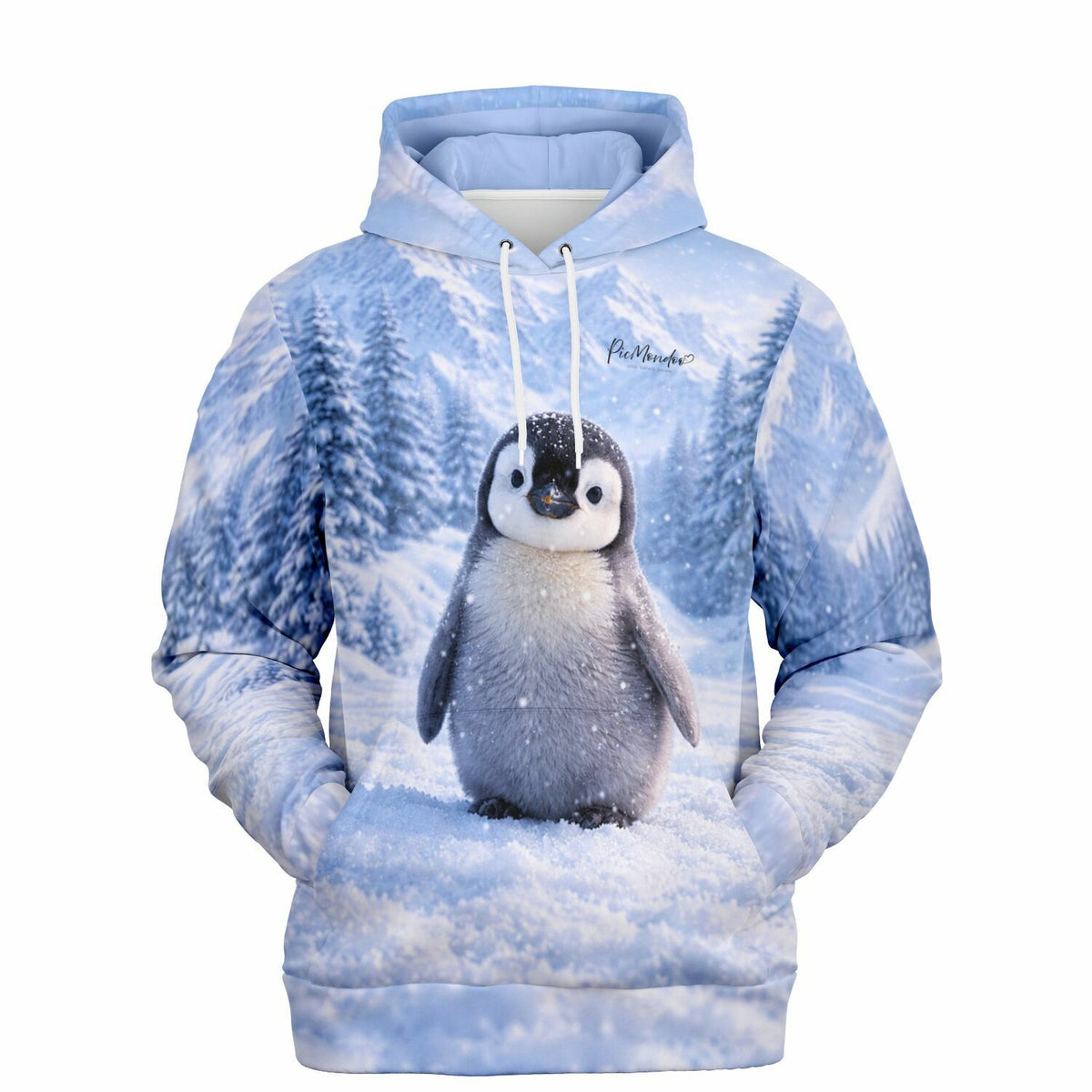 Dreamer Hoodie Winterpieps mit Pinguin-Motiv in winterlicher Schneelandschaft von Picmondoo