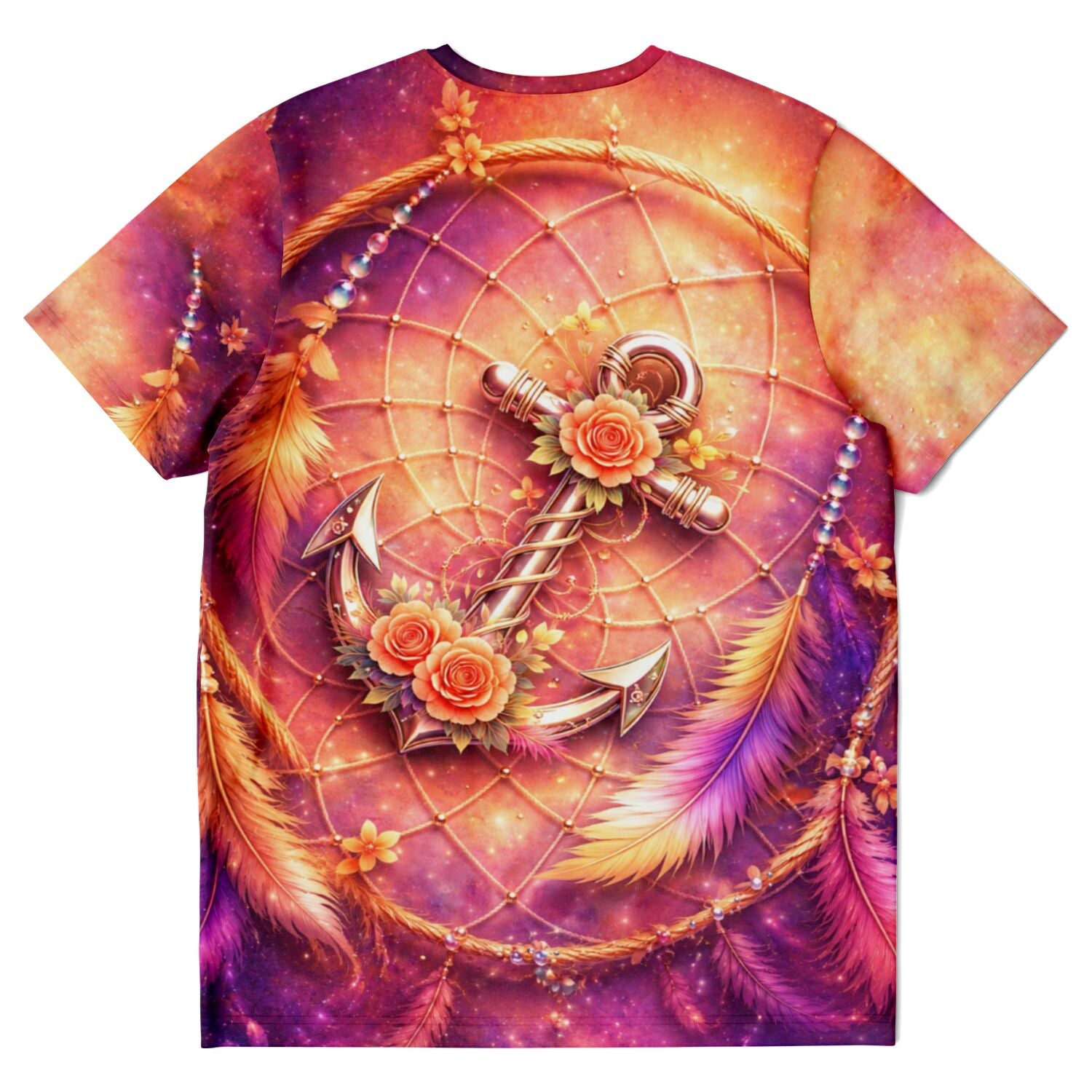 T-Shirt mit buntem Dreamer-Motiv: Anker, Rosen und Federn in lebendigem Aquarell-Stil, ideal für Fans von DIY-Kunst.
