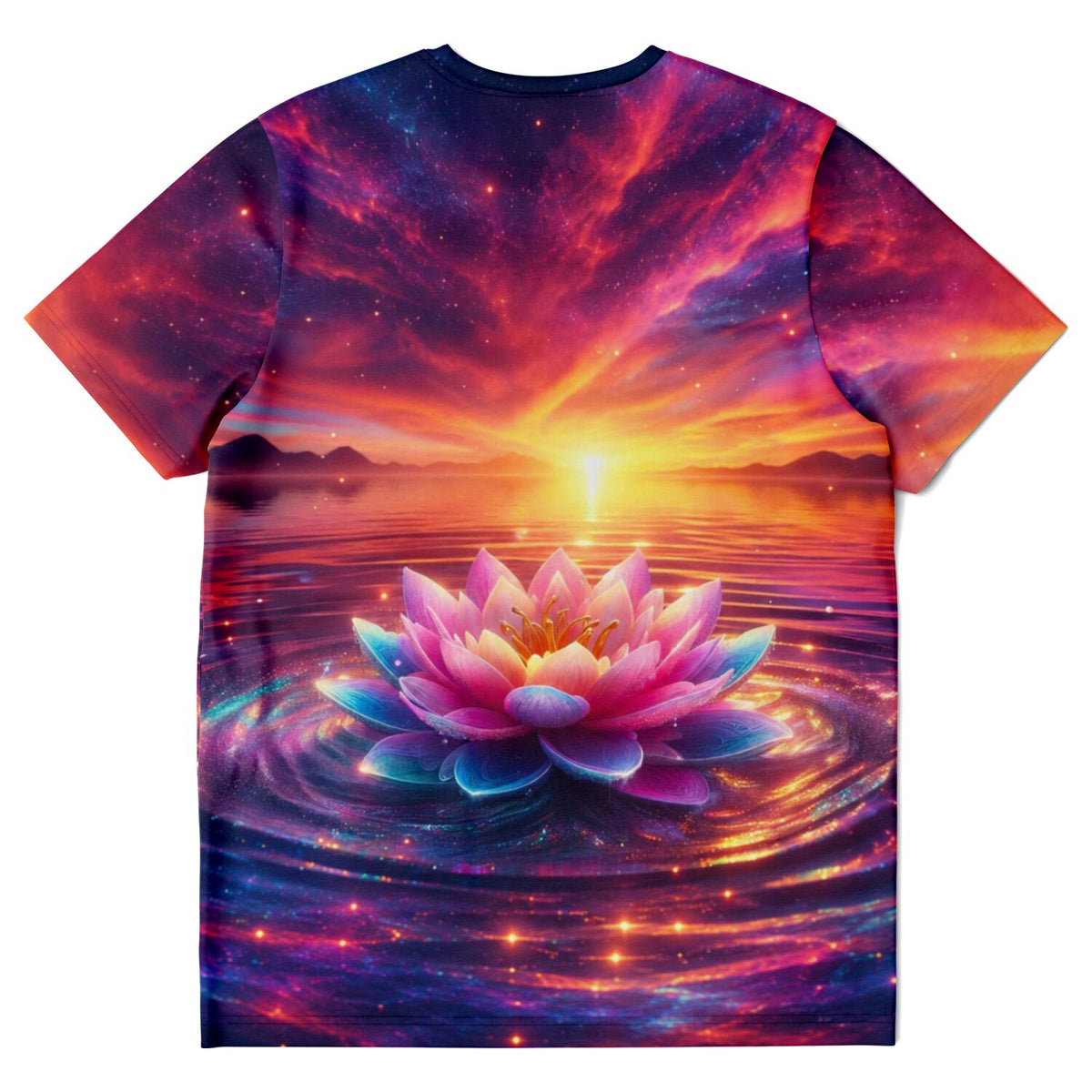T-Shirt mit Lotusblüte-Motiv, inspiriert von Malen nach Zahlen und Diamond Painting Kunst, leuchtender Sonnenuntergang.