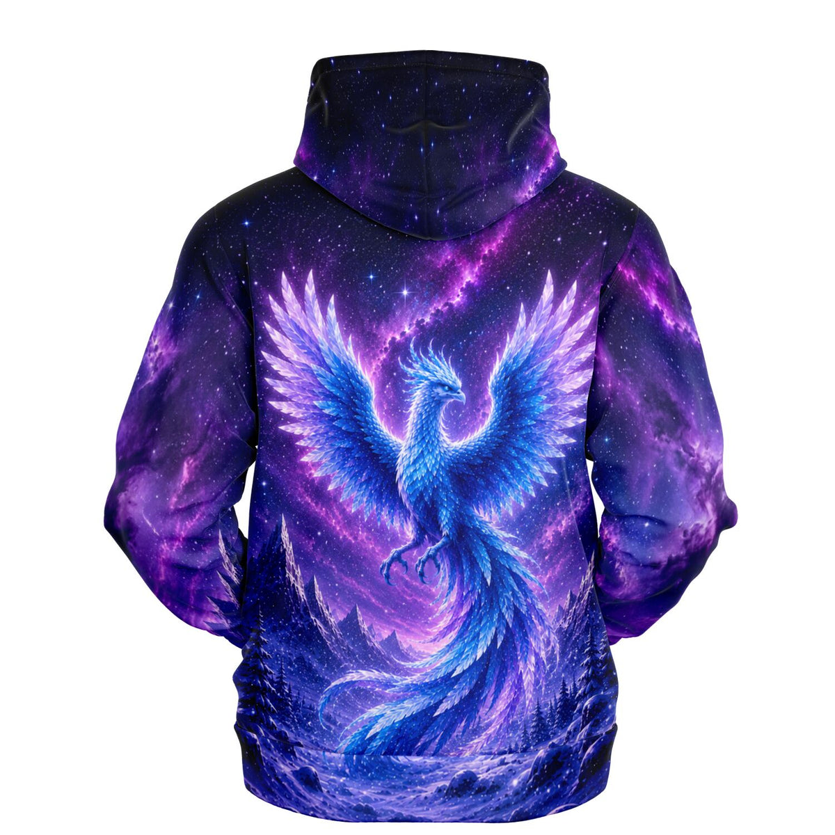 Dreamer Hoodie Winterphönix mit blauem Phönix-Motiv vor lila Galaxie-Hintergrund und verschneiter Berglandschaft