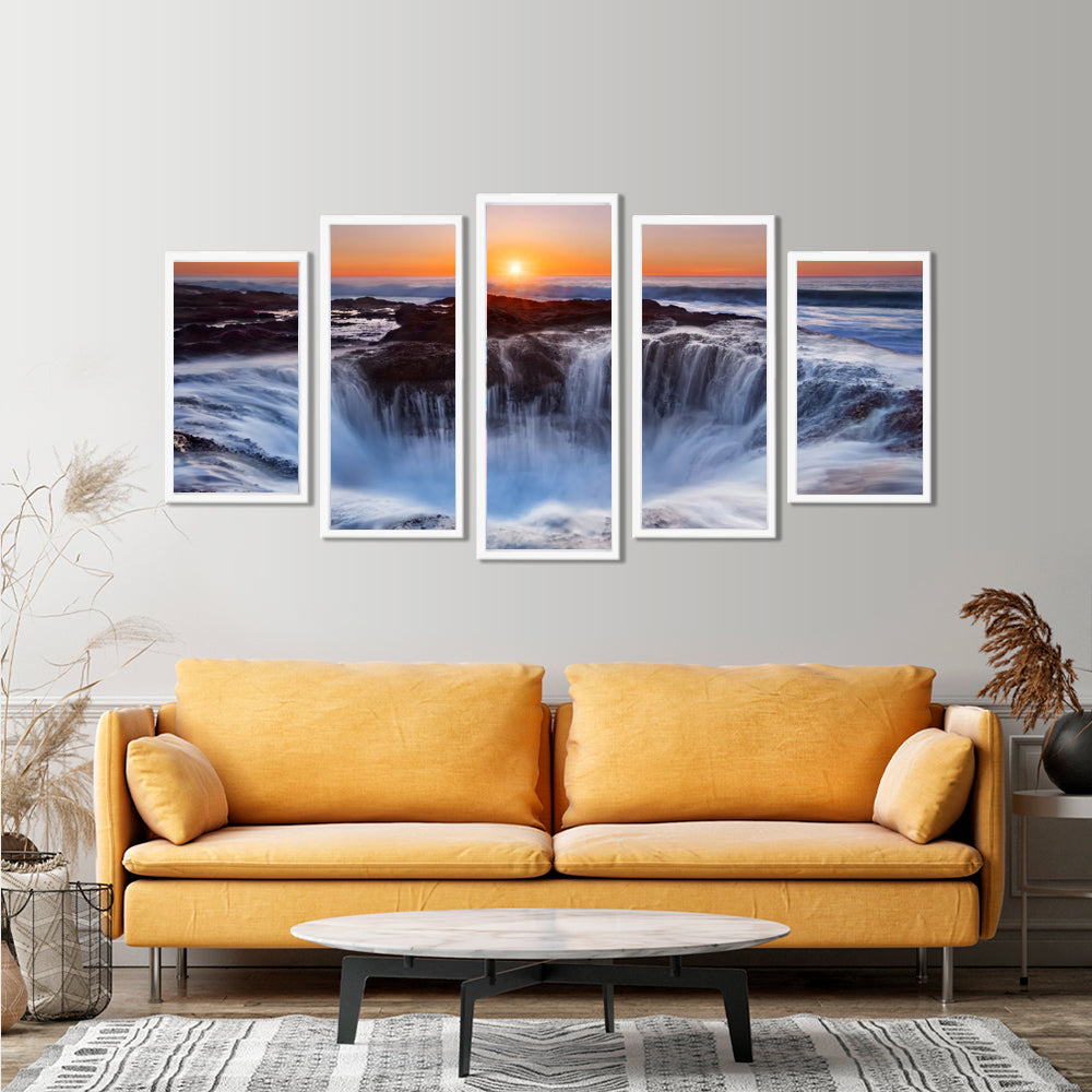 Diamond Painting Wandgestaltung Sonnenaufgang am Wasserfall XXL / 5-Teilig