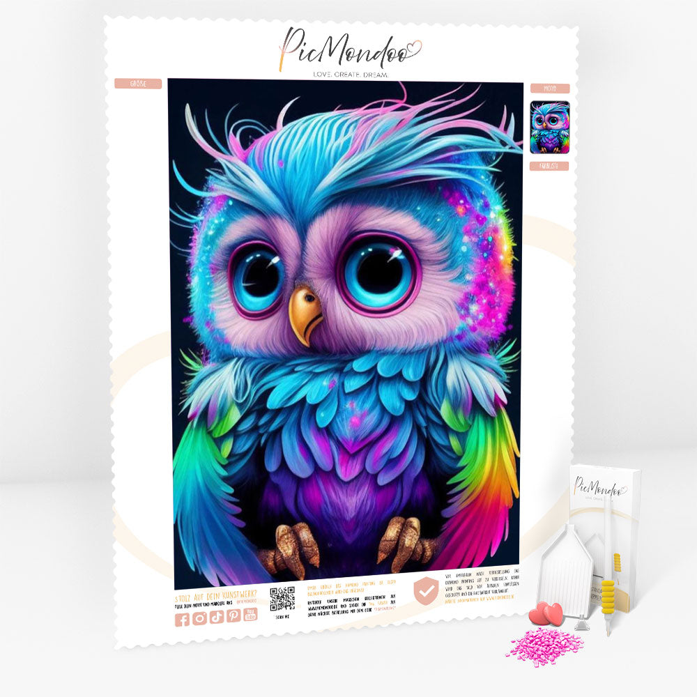 Diamond Painting Leinwand Kleine bunte Eule im Rausch der Farben