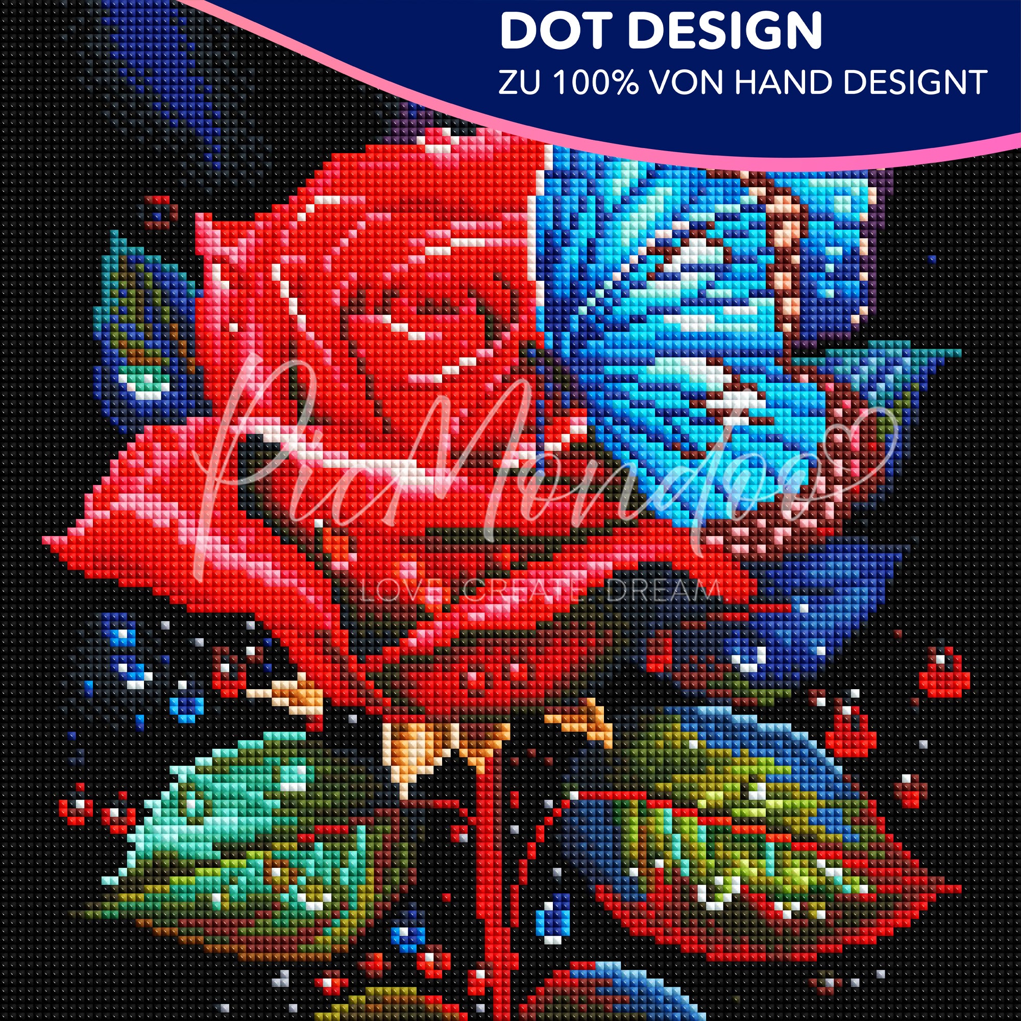 Diamond Painting Dot Design Rote Rose trifft blauen Schmetterling