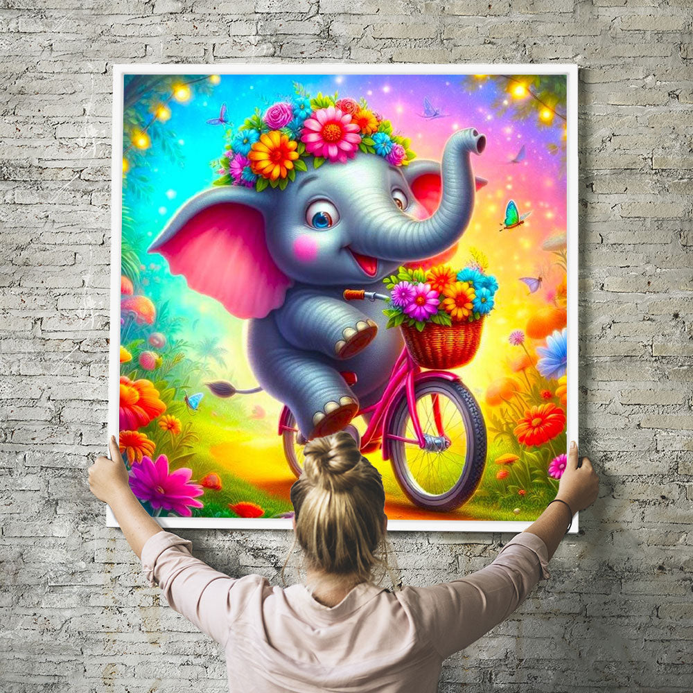Diamond Painting Wandbild Elefant auf Fahrradtour