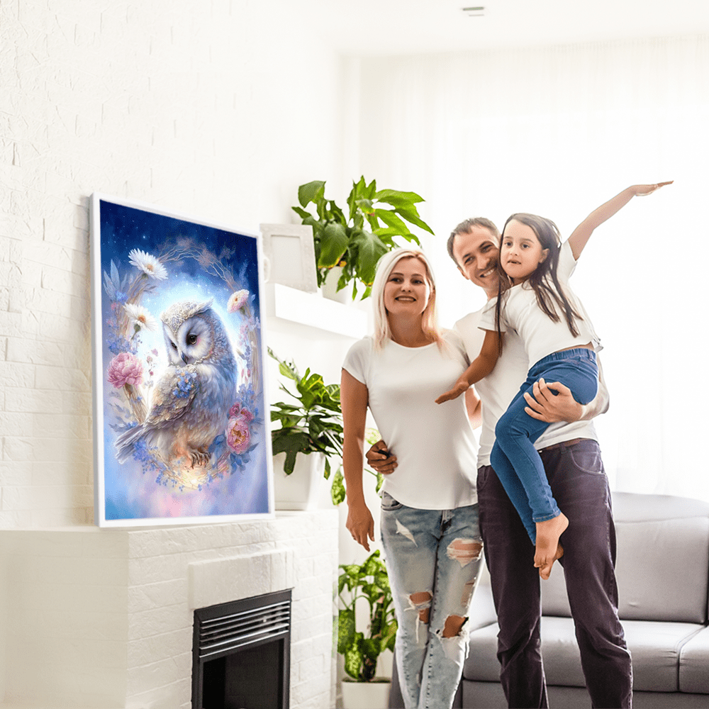 Diamond Painting Bild Eule im zartem Blütenkranz