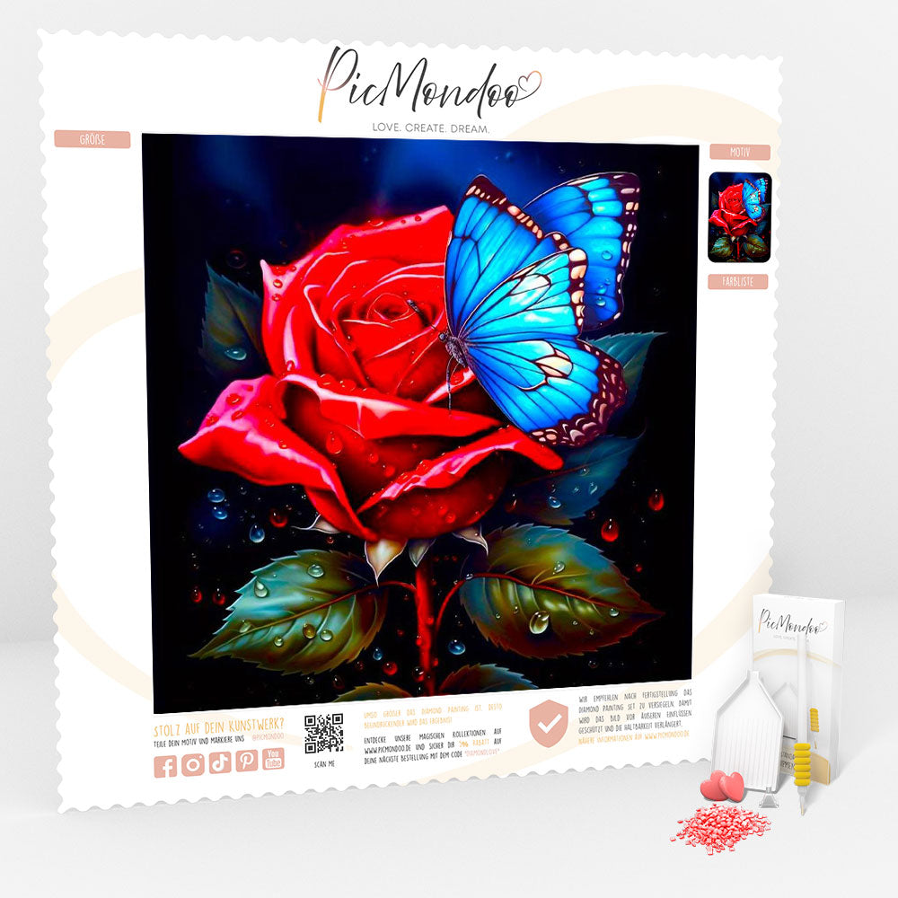 Diamond Painting Leinwand Rote Rose trifft blauen Schmetterling