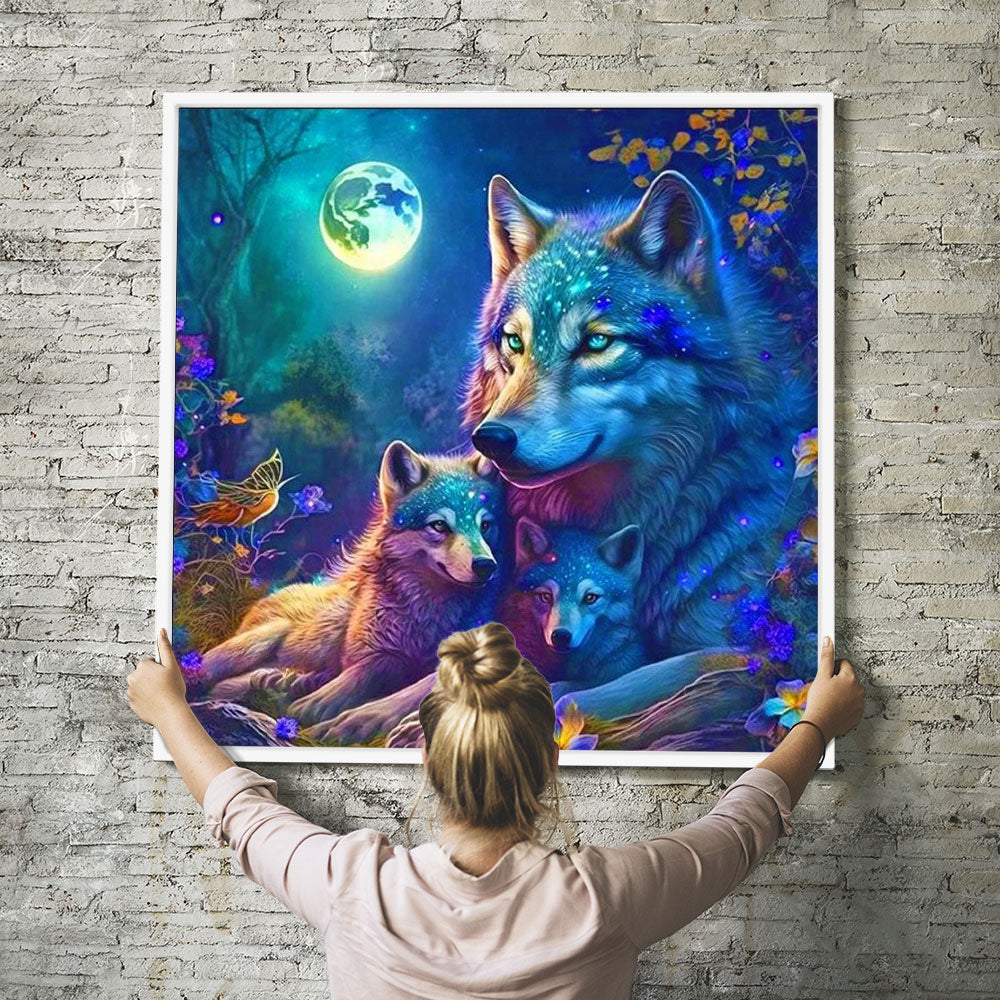 Diamond Painting Wandbild Wölfe im bunten Mondlicht