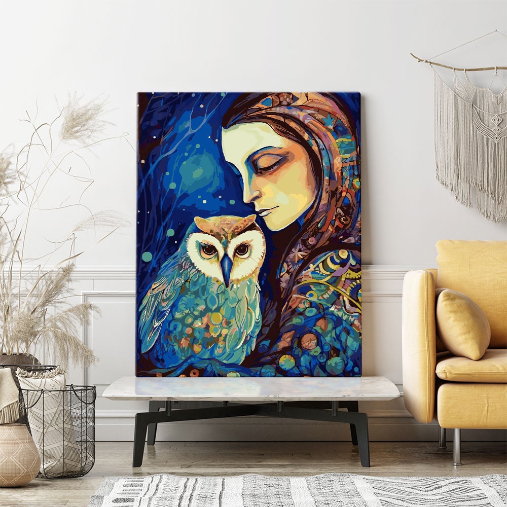 Malen nach Zahlen Set Wandgestaltung Die Frau der Eulen