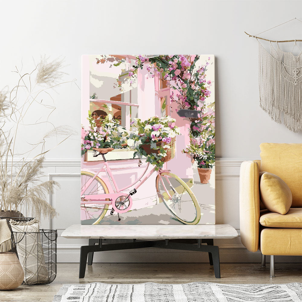 Malen nach Zahlen Set Wandgestaltung Rosa Blumenfahrrad