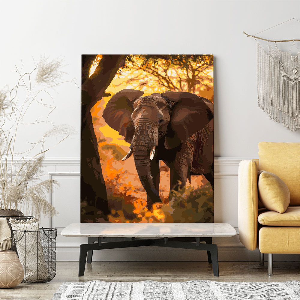 Malen nach Zahlen Set Wandgestaltung Elefant im Sonnenuntergang