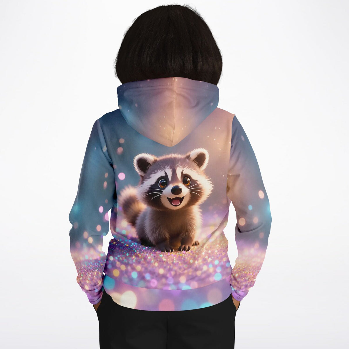 Dreamer Hoodie mit Waschbär-Motiv und glitzerndem Hintergrunddesign, perfekt passend zu Diamond Painting und DIY-Art Stil.