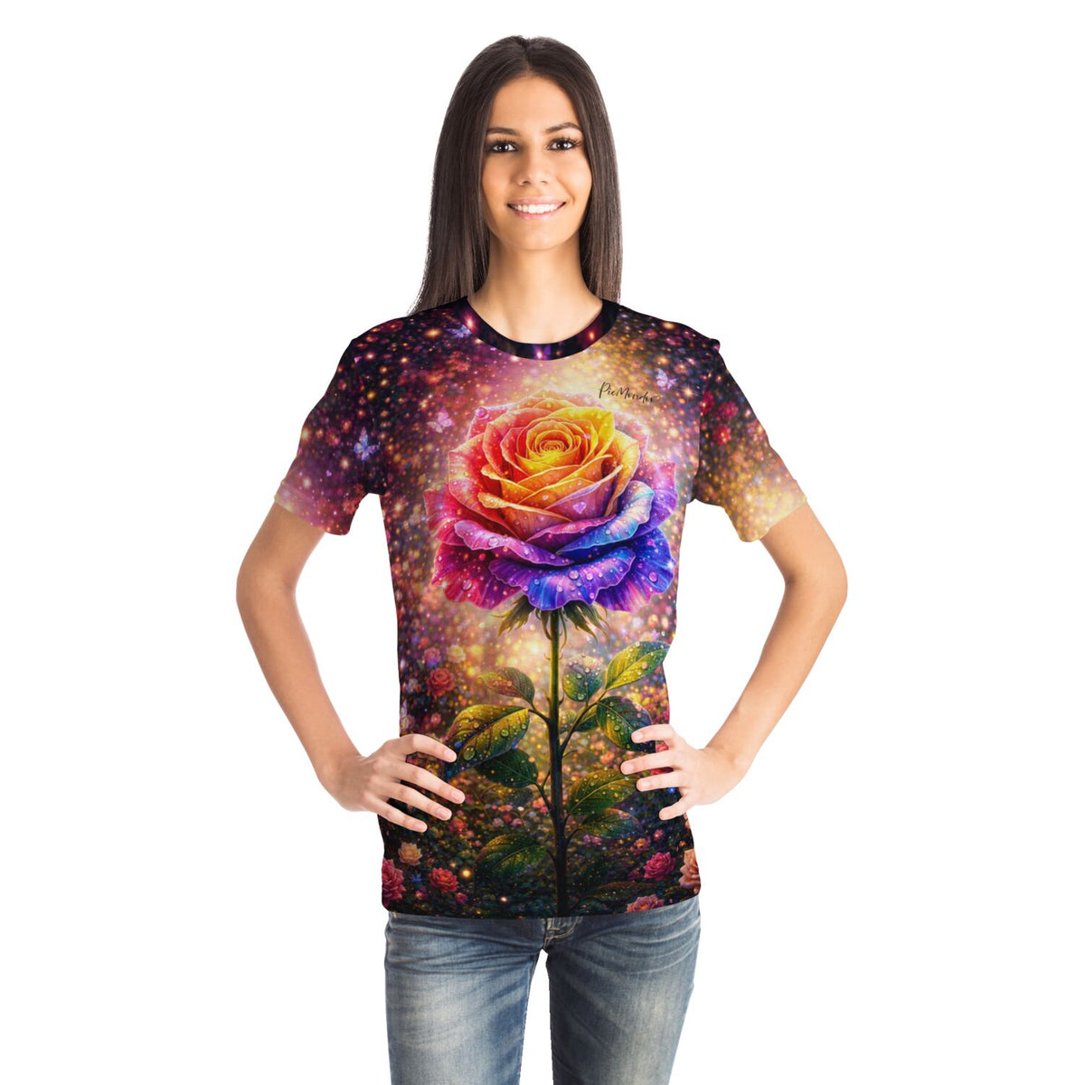 Frau trägt Dreamer T-Shirt mit buntem, glitzerndem Rosen-Motiv im Diamond Painting und Malen nach Zahlen Stil
