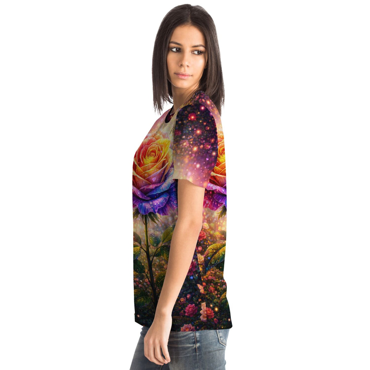 Frau trägt Dreamer T-Shirt mit buntem Rosen Motiv im Stil von Malen nach Zahlen und Diamond Painting Kunst