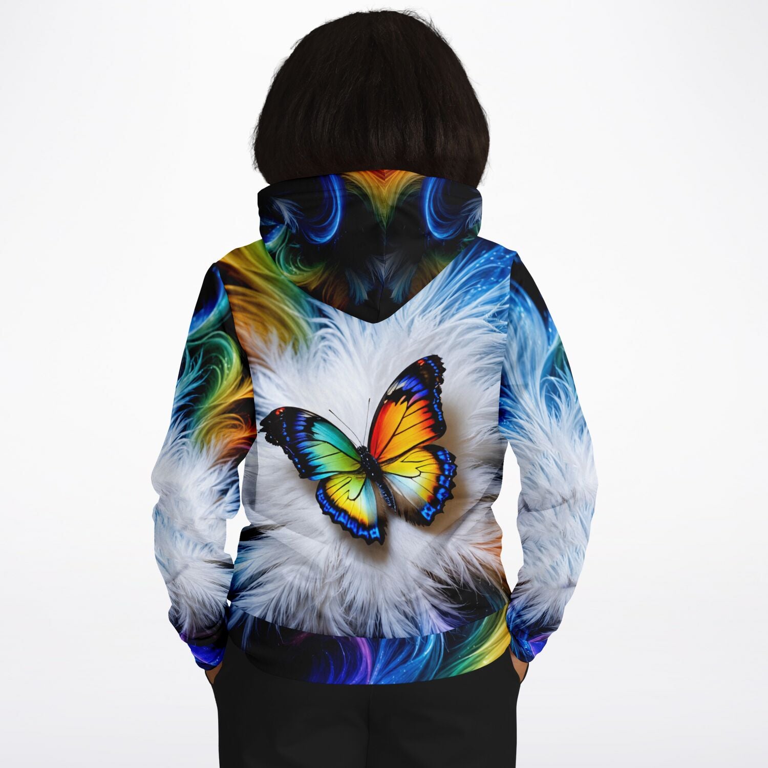 Dreamer Hoodie mit farbenfrohem Schmetterlings-Motiv auf weissem Feder-Hintergrund in leuchtenden Regenbogenfarben