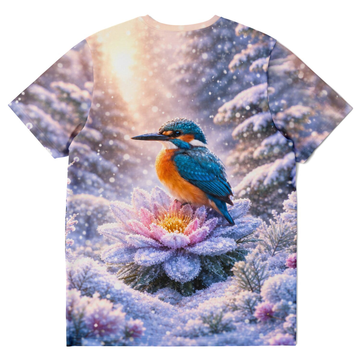 T-Shirt mit Eisvogel auf Blume im Schneewald, Motiv ideal für Diamond Painting oder Malen nach Zahlen Fans.