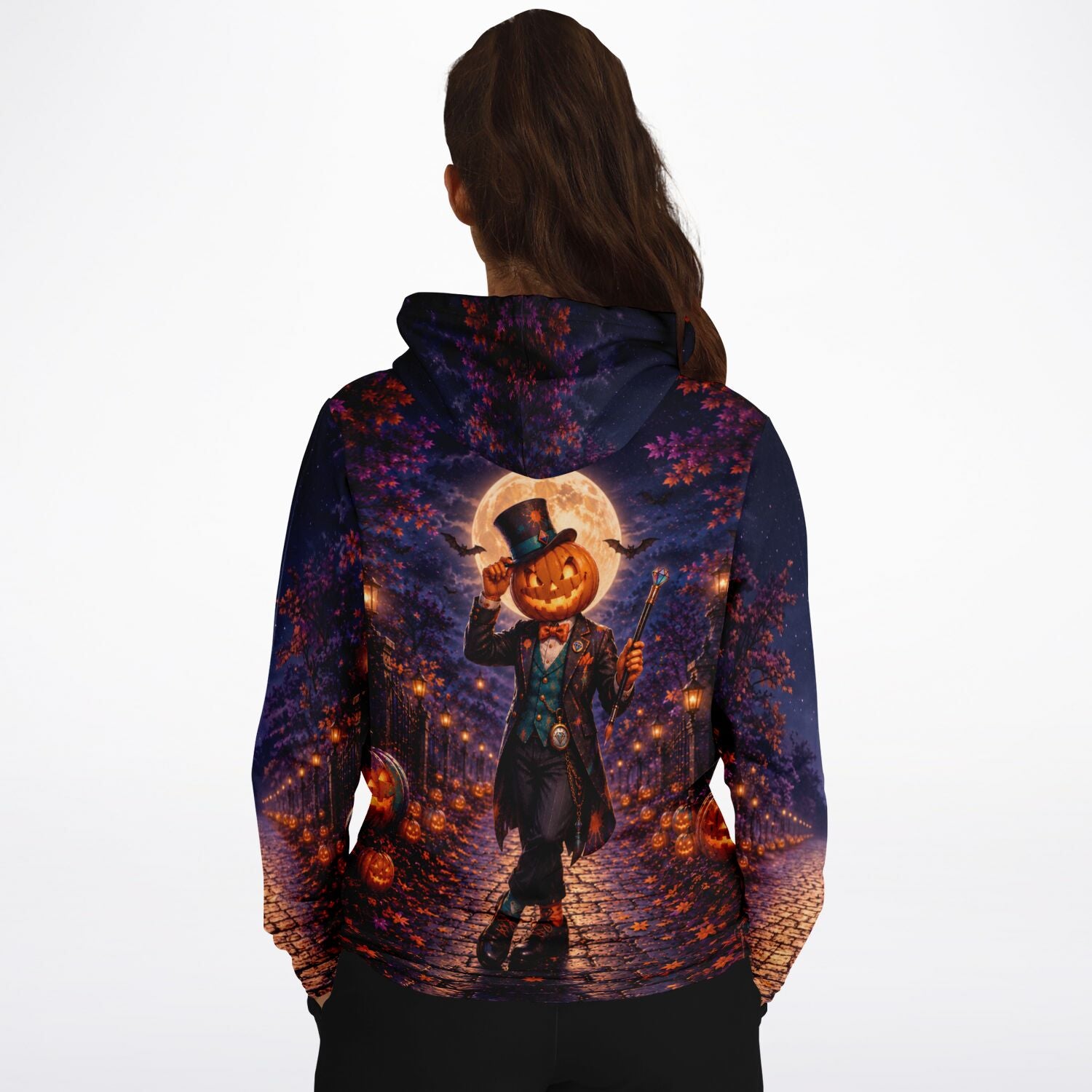 Hoodie mit herbstlichem Halloween-Motiv, Kürbiskopf-Figur im Zylinder und Vollmond, passend zu Diamond Painting Designs.