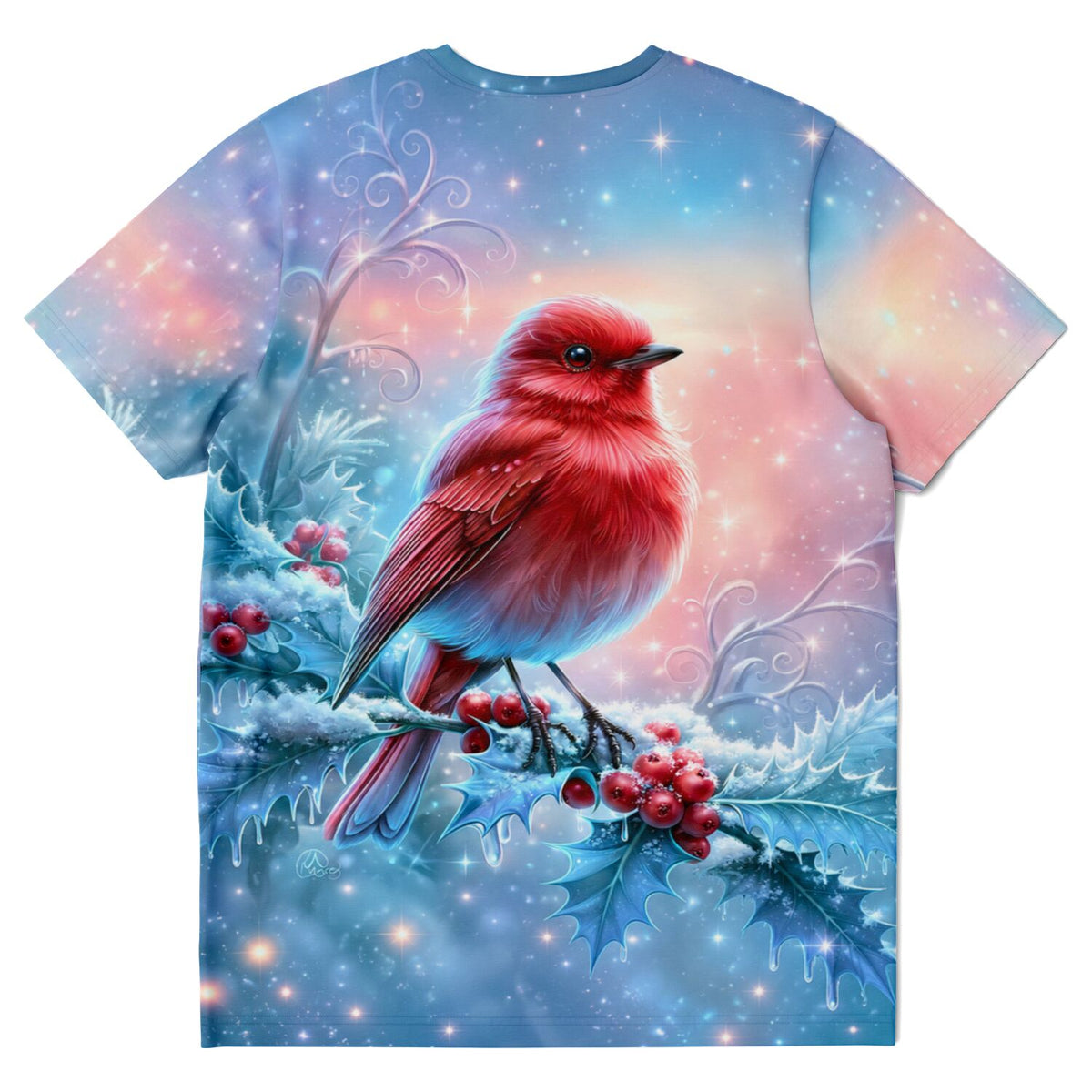 T-Shirt mit rotem Vogel auf verschneitem Stechpalmenzweig, Design ideal für Diamond Painting oder Malen nach Zahlen