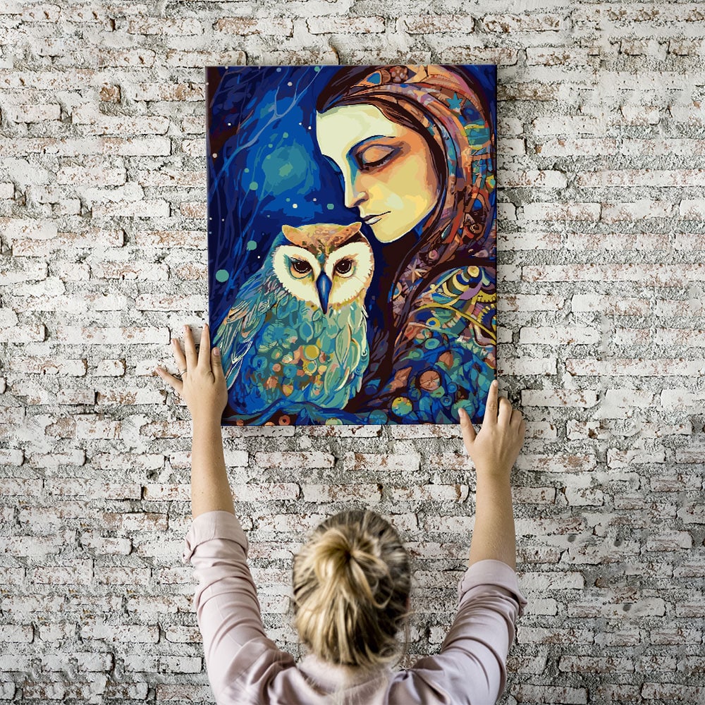 Malen nach Zahlen Set Wandbild Die Frau der Eulen