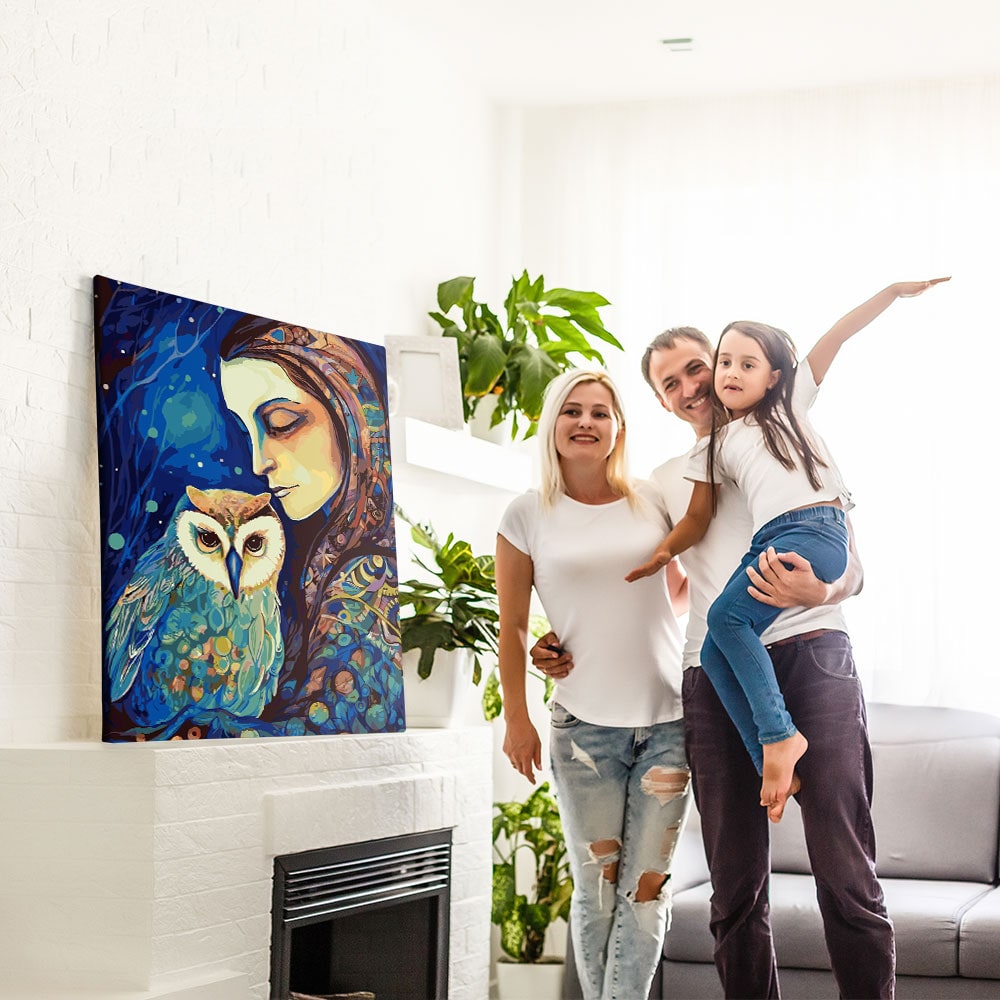 Malen nach Zahlen Set Bild Die Frau der Eulen