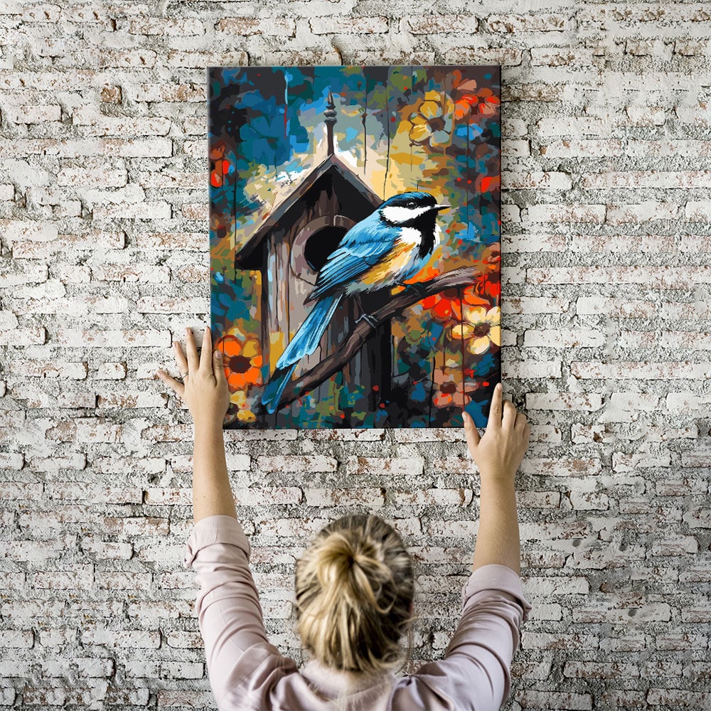 Malen nach Zahlen Set Wandbild Blaumeise vor ihrem Häuschen