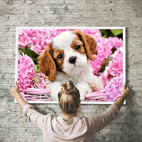 Diamond Painting Strass Spezial Wandbild Hundewelpe im Blumenkorb