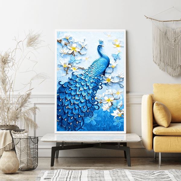 Diamond Painting Wandgestaltung Pfau im blauen Glitzerkleid