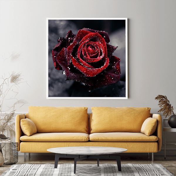 Diamond Painting Wandgestaltung Rote Rose im Morgentau