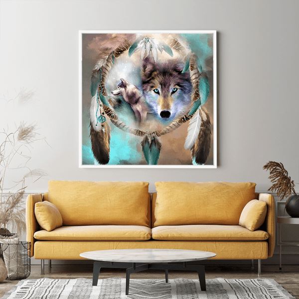 Diamond Painting Wandgestaltung Weißer Wolf im Traumfänger