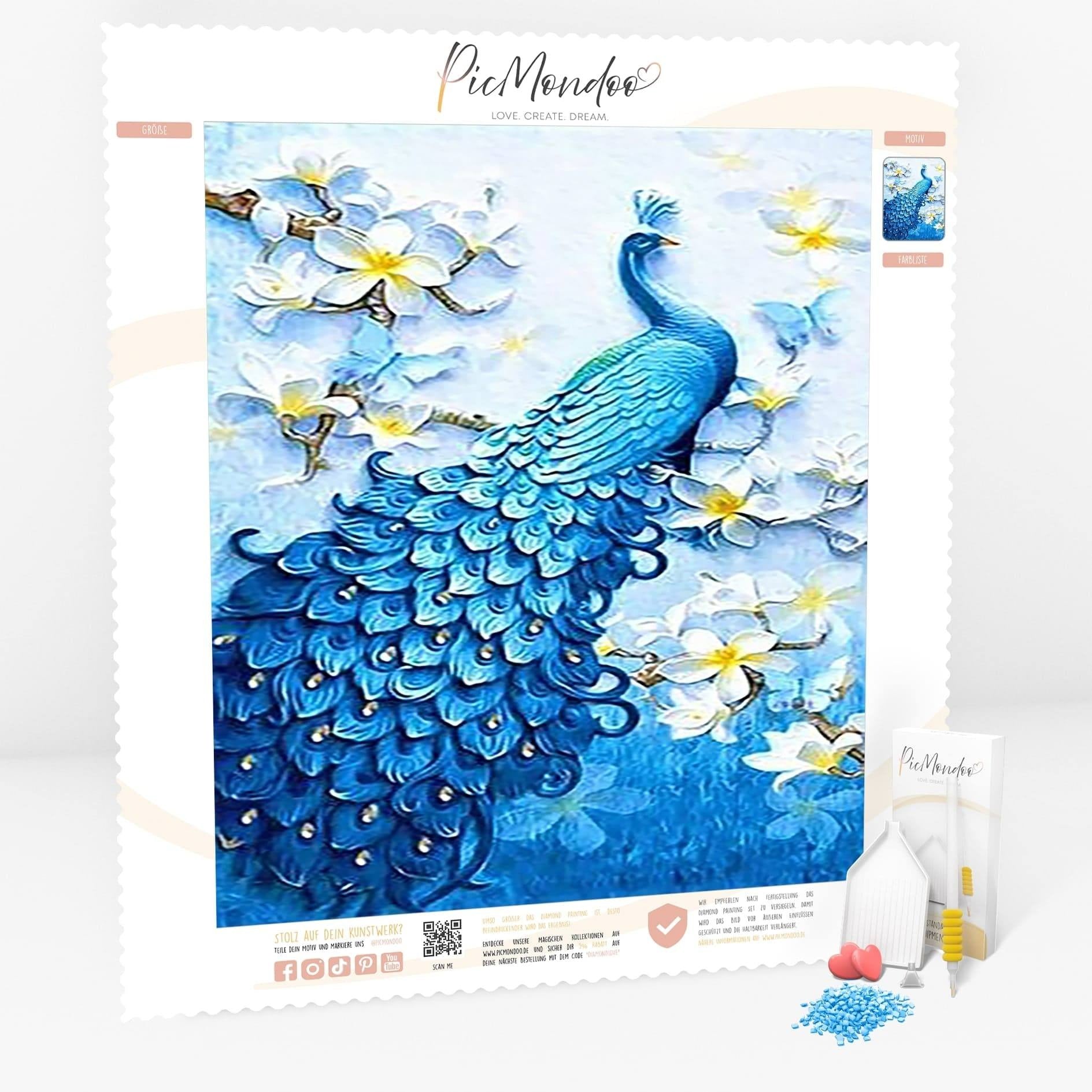 Diamond Painting Leinwand Pfau im blauen Glitzerkleid