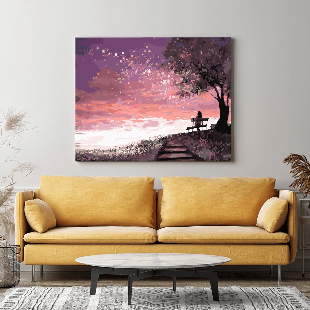 Malen nach Zahlen Set Wandgestaltung Lonely under a pink starry night