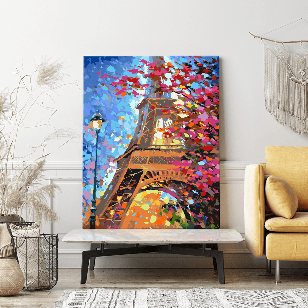 Malen nach Zahlen Set Wandgestaltung Pinker Herbst am Eifelturm