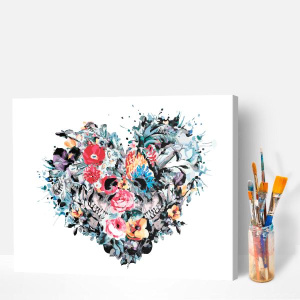 Malen nach Zahlen fertiges Motiv Totenköpfe "Love Forever"