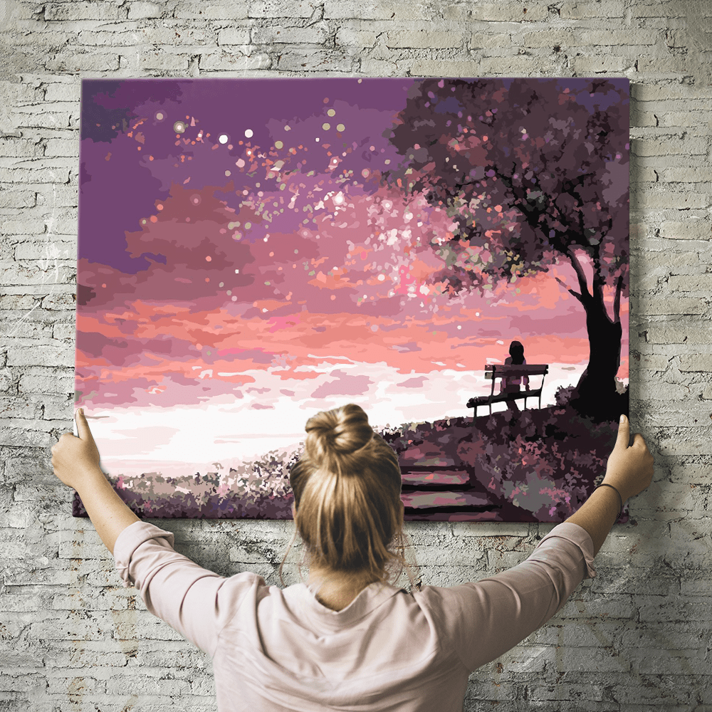 Malen nach Zahlen Set Wandbild Lonely under a pink starry night