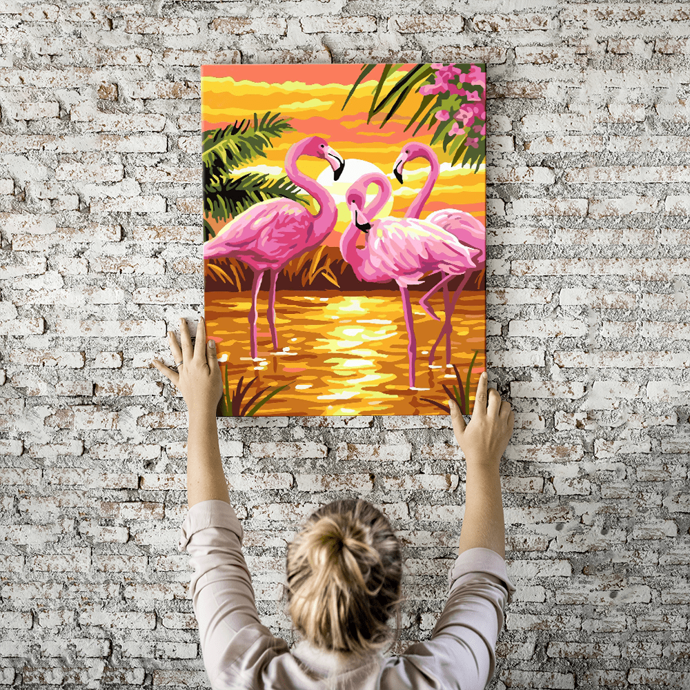 Malen nach Zahlen Set Wandbild Flamingos at the sunset