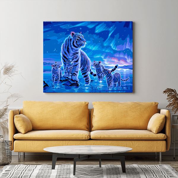 Malen nach Zahlen Wandgestaltung Tigerfamilie im Polarlicht