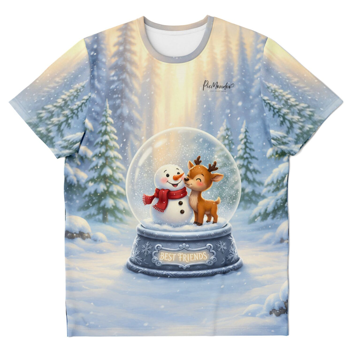 T-Shirt mit Best Friends Schneekugel Motiv, Schneemann und Rentier im Winterwald, perfekt für Fans von Malen nach Zahlen