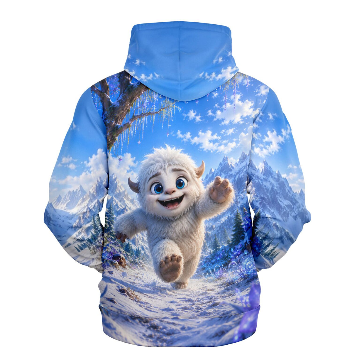 Dreamer Hoodie mit niedlichem Yeti-Motiv in verschneiter Berglandschaft, perfekt für Fans von Malen nach Zahlen Designs.