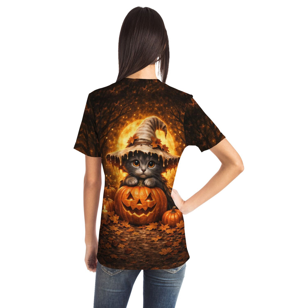 T-Shirt mit Kürbishexe-Katzenmotiv für Fans von Malen nach Zahlen und Diamond Painting