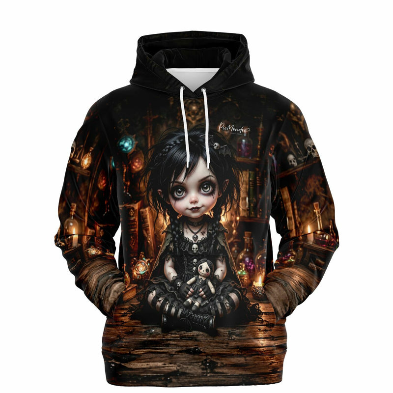 Schwarzer Dreamer Hoodie mit Little Mistelchen Motiv im Gothic-Stil, inspiriert durch Diamond Painting Kunst