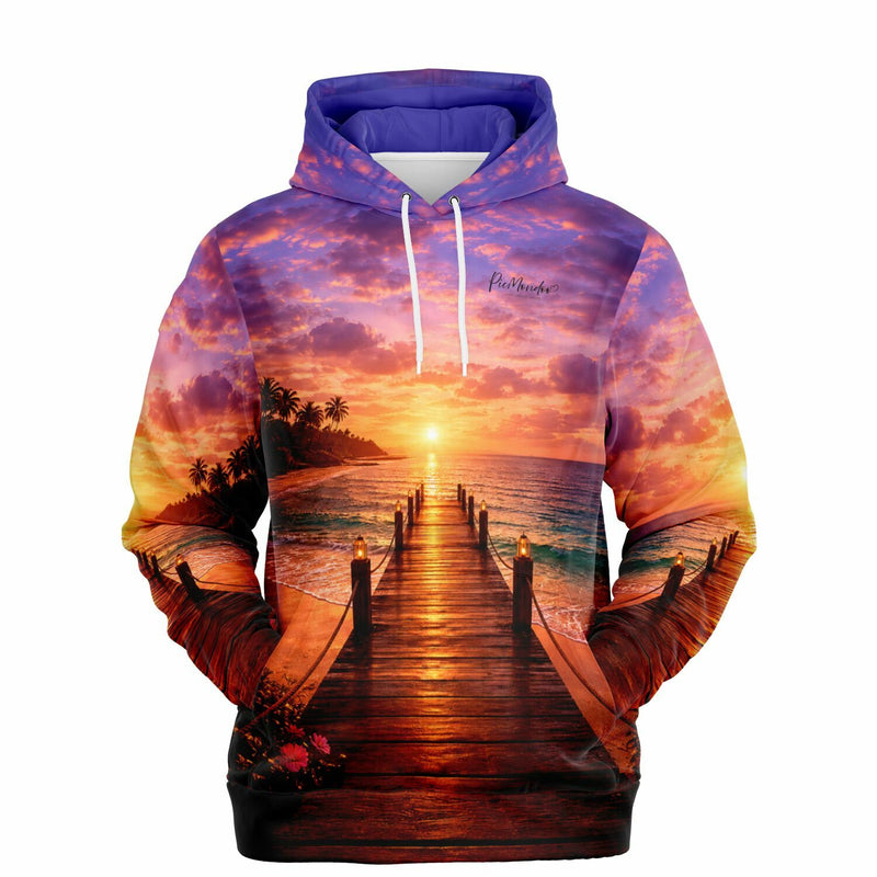 Dreamer Hoodie mit stimmungsvollem Sonnenuntergang am Steg, beliebtes Motiv inspiriert von Malen nach Zahlen & Diamond Painting