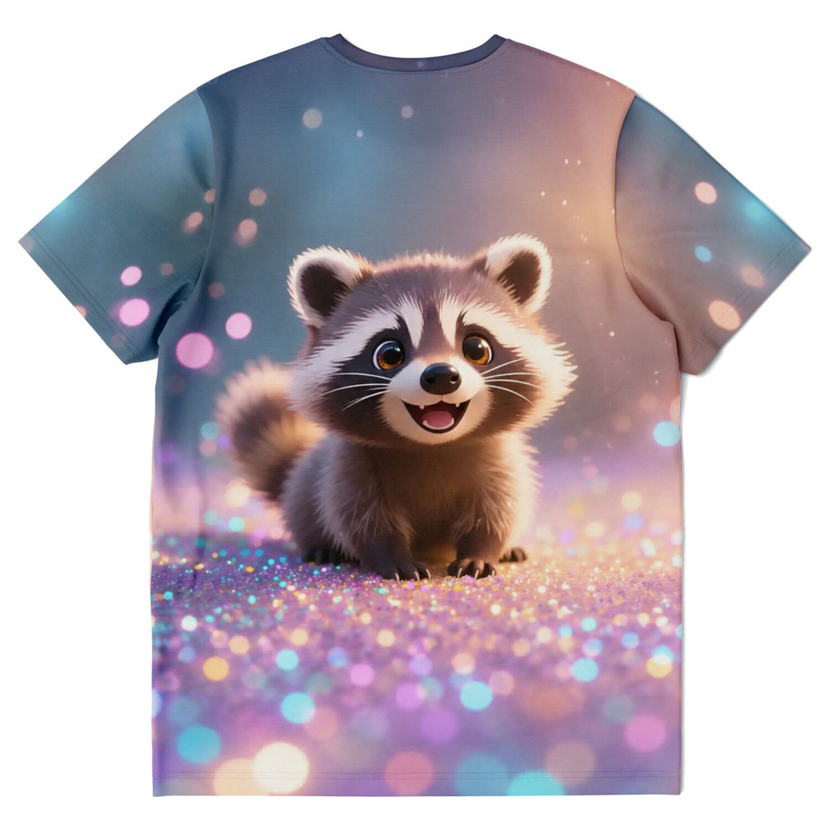 T-Shirt mit süßem Waschbär-Motiv im Diamond Painting Stil und funkelndem Bokeh-Hintergrund für Fans kreativer DIY-Kunst.