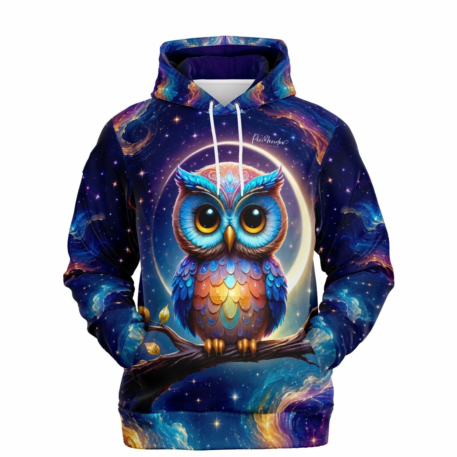 Dreamer Hoodie mit Eule Oskar Motiv, buntes Weltraum-Design in Anlehnung an beliebte Diamond Painting Motive.