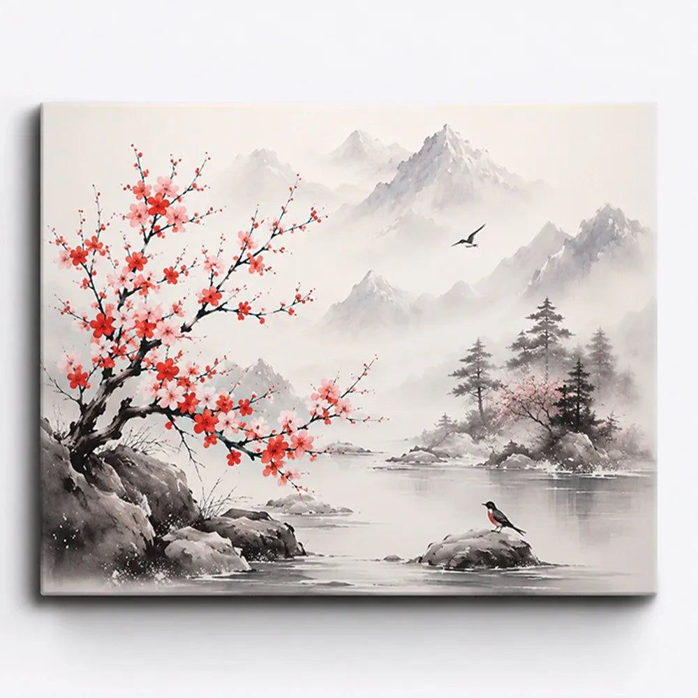 Malen nach Zahlen für Erwachsene: Fernöstliche Landschaft mit Kirschbaum, Bergen und Vögeln im Aquarell-Stil