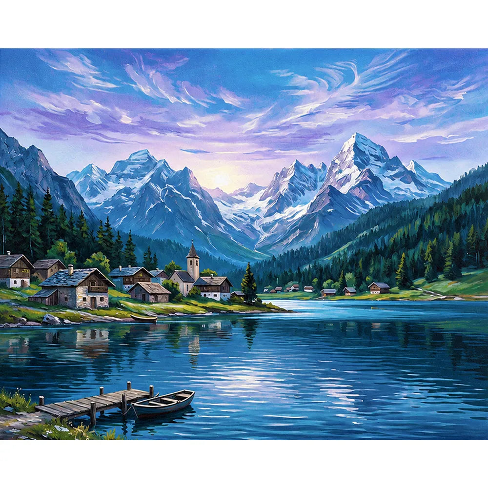 Malen nach Zahlen für Erwachsene: Berglandschaft mit See, Dorf und schneebedeckten Gipfeln in violettem Licht