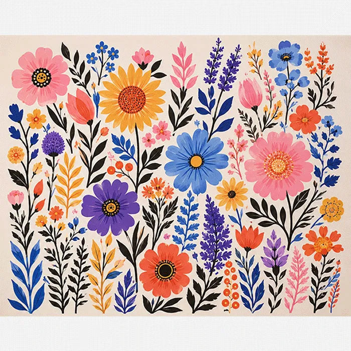 Malen nach Zahlen für Erwachsene Motiv Blütenallerlei mit farbenfrohen Blumen in Rosa, Gelb und Blau auf heller Leinwand